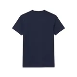 Remera de manga corta Lacoste, color negro, con cuello redondo y estampa frontal con texto en blanco estilo dibujo a mano.