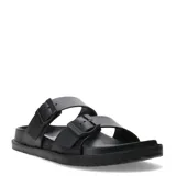 Sandalias de hombre tipo Birkenstock, color negro, con dos tiras anchas ajustables mediante hebillas del mismo tono y suela de goma antideslizante.