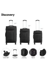 Valija de cabina Discovery de 20 pulgadas, color negro, con ruedas dobles spinner 360, carro extensible, candado incorporado, sujeción interna y cierre expansible.
