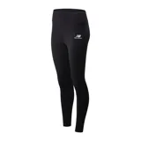 Calza larga deportiva New Balance negra con logo estampado en blanco en la pierna izquierda.