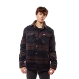 Campera de hombre con cuello de piel sintética, cierre con botones a presión, dos bolsillos de parche en el pecho y diseño a rayas horizontales en tonos azul y marrón.