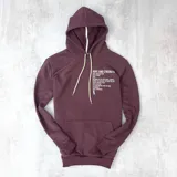 Canguro bordó con capucha y cordón beige, con estampa de letras blancas en el frente.