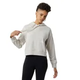 Buzo New Balance Essentials Hoodie de dama, color gris claro, con capucha, cordones ajustables, logo estampado en el pecho y corte holgado.