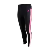 Calza deportiva Topper de tiro alto, color negro con franjas laterales en color fucsia y logo de la marca estampado en el mismo tono.