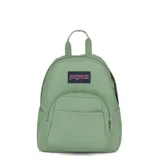 Mochila Jansport Half Pint color verde, de tamaño pequeño, con un compartimento principal con cierre, un bolsillo frontal con cierre y asa de mano en la parte superior.
