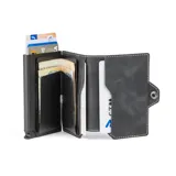 Billetera tarjetero automática con estructura de aluminio y revestimiento de cuero bicolor en tonos verde oliva y beige. Cuenta con un cierre de broche a presión y el logo de la marca grabado en la parte inferior.