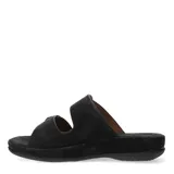 Sandalias de mujer con dos tiras anchas ajustables mediante hebillas metálicas circulares. Presentan una base ergonómica con textura antideslizante y un diseño de estilo casual.