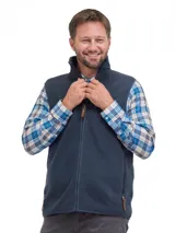 Chaleco de polar azul marino con cierre frontal completo, cuello alto y bolsillos laterales con cierre.