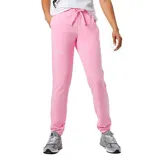 Pantalón de jogging New Balance para mujer, color rosado, con cintura elástica y cordón ajustable del mismo tono. Posee bolsillos laterales y puños elásticos en los tobillos, con sutil logo impreso en la pierna.