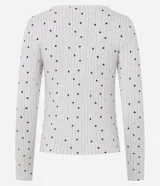 Blusa de pijama de manga larga con escote redondo adornado con encaje y un pequeño lazo central. Presenta un estampado de corazones pequeños sobre un fondo de rayas verticales finas.