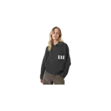 Cardigan de punto color gris oscuro, con cuello solapa, cierre frontal de cremallera y letras "EME" bordadas en el pecho.