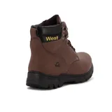 Bota de cuero color marrón acordonada, con suela de goma negra y detalles de la marca West en el lateral y la lengüeta.