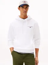 Buzo con capucha y cordones de ajuste, color blanco, de corte clásico con bolsillo tipo canguro frontal y puños y dobladillo acanalados. Cuenta con el logotipo de la marca bordado en el pecho.