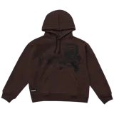 Canguro marrón con capucha, bolsillo tipo canguro y estampado con texto y dragón en el frente.