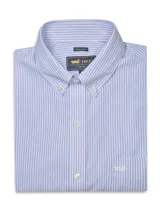 Camisa de manga larga RKF modelo Wf Pb, confeccionada en algodón con diseño de rayas finas celestes y blancas. Cuenta con cuello abotonado, cierre frontal de botones, bolsillo en el pecho con logo bordado y calce regular.