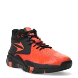 Championes de básquet Topper modelo Flight, con diseño de caña media en combinación de colores rojo y negro. Presentan una estructura robusta con refuerzos laterales, cordones negros y suela de goma con patrón de agarre optimizado para la cancha.