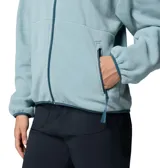 Campera polar de mujer Columbia, modelo Sequoia Grove, en color celeste con detalles en azul oscuro en el cuello y cierre. Presenta cuello alto, cierre frontal completo, bolsillos laterales con cierre y elásticos en puños y dobladillo.