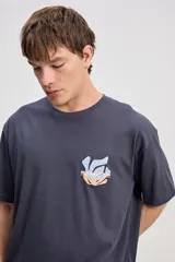 Remera oversize de algodón color gris oscuro, con diseño gráfico estampado en la espalda en tonos celestes y salmón, acompañado del texto "Mistral 1976".