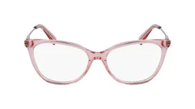 Lentes de receta con armazón de acetato en color rosado traslúcido, con diseño estilo cat-eye.