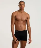 Calzoncillo tipo boxer de microfibra color negro, con cintura elástica que presenta detalle de líneas horizontales y logo de la marca.