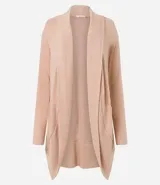 Cardigan alargado de punto color gris, con abertura frontal y bolsillos laterales.