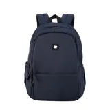 Mochila unisex color azul marino, con múltiples compartimentos, incluyendo bolsillos ocultos, compartimento para notebook y bolsillos laterales. Es impermeable y cuenta con correas laterales de compresión y elástico al dorso para sujetar a equipaje carry-on.