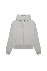 Buzo de algodón gris melange con capucha ajustable mediante cordones, cierre frontal de cremallera y puños y ruedo acanalados.