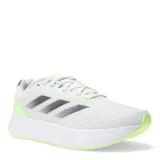 Championes de running Adidas modelo Duramo SL, color blanco con detalles en gris y verde lima. Presentan una parte superior de malla transpirable, amortiguación LIGHTMOTION para mayor confort y suela de goma ADIWEAR para mayor durabilidad.