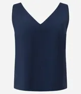 Musculosa de viscosa color azul marino, con escote en V y diseño sin mangas. Presenta un recorte vertical central y un corte recto.