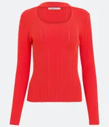 Blusa de punto color naranja, con cuello choker, mangas largas y textura acanalada.