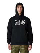 Hoodie de hombre Mountain Hardwear color negro, con capucha con cordón ajustable, bolsillo tipo canguro y estampado gráfico en blanco en el pecho con el nombre de la marca.