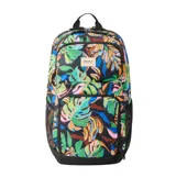 Mochila Rip Curl con capacidad de 33 litros, confeccionada en poliéster reciclado con estampado tropical multicolor. Cuenta con compartimento para laptop, bolsillo frontal con forro polar, panel trasero de malla transpirable y bolsillos laterales de red.