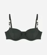 Top de bikini verde oscuro, con aro, breteles ajustables adornados con piedras y lazo en la espalda.