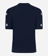 Blusa azul marino de algodón con cuello redondo y mangas cortas abullonadas con bordado floral.