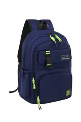 Mochila negra con detalles en blanco y gris. Cuenta con múltiples compartimentos con cierre, tiradores de cierre con cordones blancos y negros, un bolsillo frontal con solapa y un parche redondo con la frase "You Can Do It".