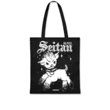 Tote bag de tela color negro con estampado frontal en blanco que presenta un cordero con estilo vintage y la frase 'Hail Seitan'.