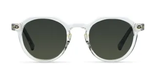 Lentes de sol con armazón transparente de forma geométrica y lentes verdes polarizadas con protección UV 400.