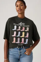 Remera Levi's de manga corta y corte relajado, color gris oscuro, con estampado gráfico frontal de botas texanas y texto descriptivo.