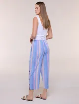 Pantalón de algodón rústico color verde, de tiro medio-alto con pretina elastizada y bolsillos laterales. Presenta corte holgado, diseño cropped de pierna ancha y aberturas laterales en los tobillos con detalles de botones.