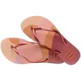 Ojotas Havaianas Slim Palette Glow con base estampada con franjas de colores pastel y tiras finas color cobre.