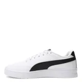 Championes Puma modelo Court Classic Clean, de diseño urbano inspirado en el baloncesto retro. Presentan un exterior de material sintético blanco con la icónica franja lateral de la marca en color negro. Cuentan con cierre de cordones, interior forrado y plantilla SoftFoam+ para mayor amortiguación.