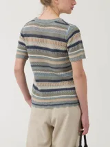 Remera de punto calado a rayas horizontales en tonos de gris, verde, azul y beige, con cuello redondo y mangas cortas con terminación ondulada.