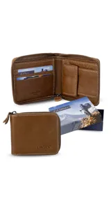 Billetera de cuero color marrón claro con cierre perimetral. En el interior, cuenta con compartimentos para billetes, tarjeteros y un monedero con broche.