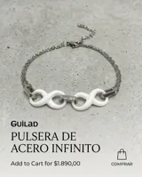 Pulsera de acero quirúrgico con dos dijes de símbolos de infinito en cerámica blanca y cadena doble eslabonada.