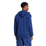 Sudadera con capucha Adidas de color azul oscuro, con el logo de la marca en blanco en el pecho y las tres franjas blancas características a lo largo de las mangas. Posee bolsillo canguro frontal.