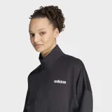 Campera deportiva Adidas Hyperglam Cropped Track Top de color negro, con cierre frontal completo, cuello alto y diseño de mangas murciélago. Presenta una cintura elástica con rayas blancas y el logo de la marca en el pecho.
