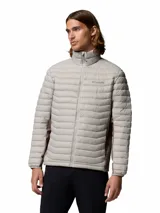 Campera híbrida Columbia con aislamiento térmico, diseño acolchado y paneles laterales elásticos. Cuenta con cierre frontal completo, cuello alto con protector de mentón y bolsillos laterales con cierre.