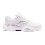 Championes deportivos Joma Master 1000 Lady, color blanco con detalles plateados. Diseñados para pádel y tenis, ideales para entrenamientos de baja frecuencia.