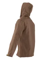 Campera marrón de neopreno con capucha, cierre frontal y bolsillos laterales con cierre.