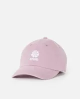 Gorra de seis paneles Rip Curl modelo Mixed, color rosado con bordado frontal en blanco de una flor y la marca.